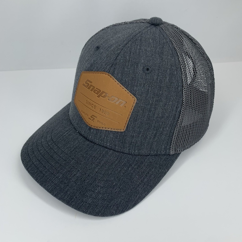 Snap-On Tools Gray Trucker Adjustable Snap Hat Embossed Leather Patch Mesh Cap